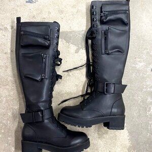 Current Mood Womans Knee High Black Lace up Boots With Pockets CM17-653 Size 10